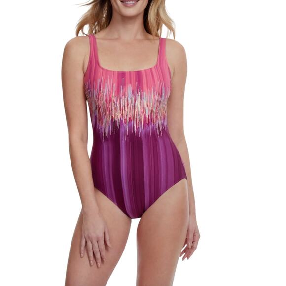 $148 NWT GOTTEX Moroccan Sky Square-Neck One-Piece Swimsuit 14 Plum Mastectomy - Picture 1 of 9